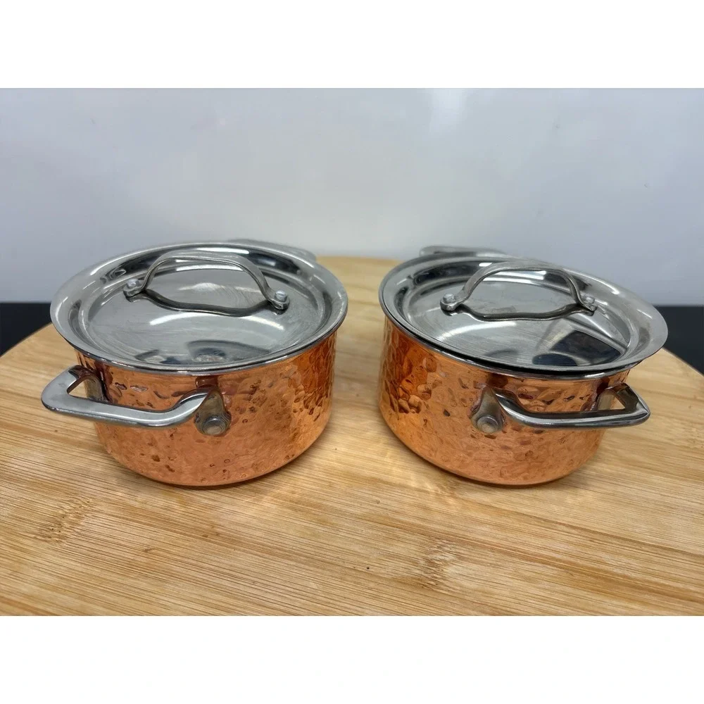 Williams Sonoma Mini Copper Pot Cocottes Set of 2 Hammered Style 0.5 QT.